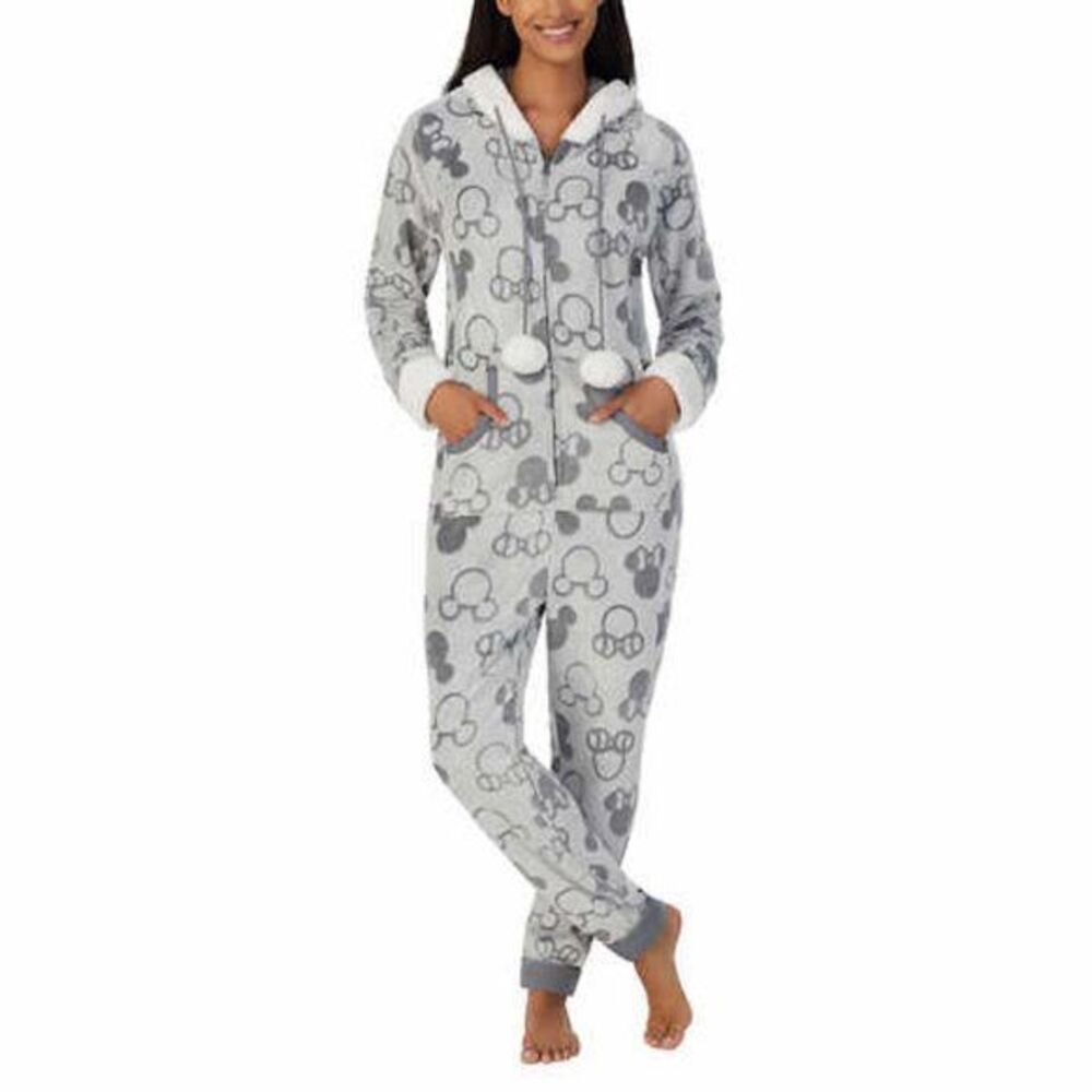 Disney Minnie & Mickey Mouse Character Ladies' One Piece Pajama Gray Medium New!